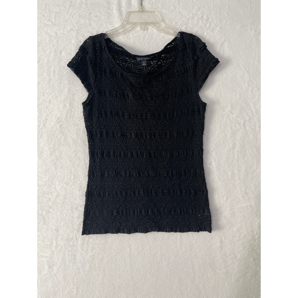Banana Republic Black Floral Lace Ruffle Cap Sleeve Stretch Top Womens Small